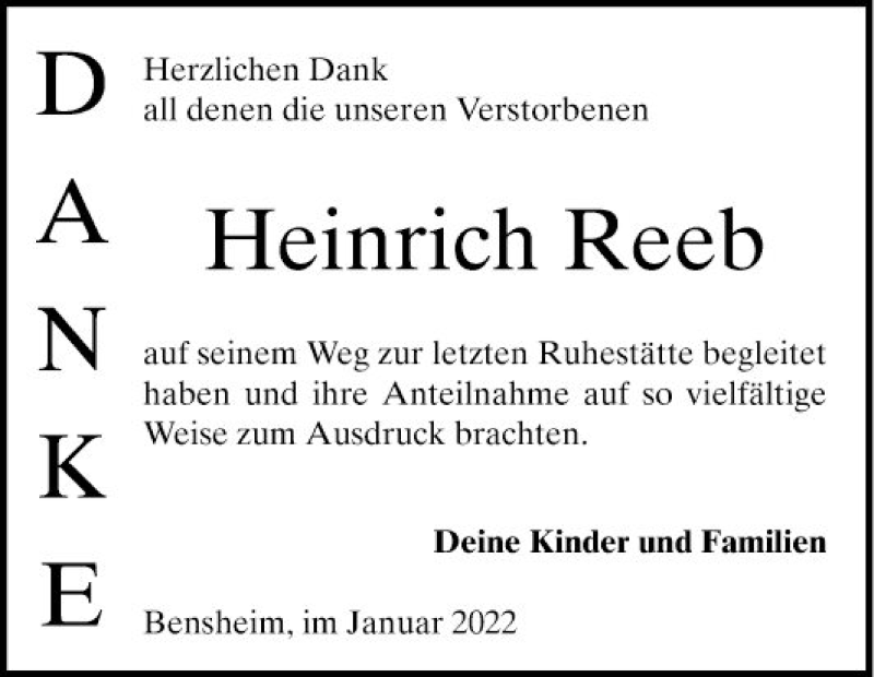  Traueranzeige für Heinrich Reeb vom 07.01.2022 aus Bergsträßer Anzeiger