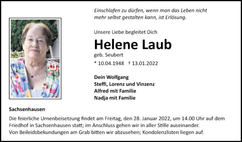  Traueranzeige für Helene Laub vom 22.01.2022 aus Fränkische Nachrichten