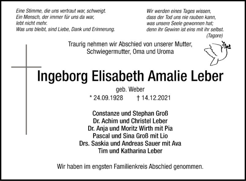  Traueranzeige für Ingeborg Elisabeth Amalie Leber vom 08.01.2022 aus Mannheimer Morgen