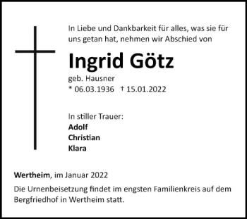 Traueranzeige von Ingrid Götz von Fränkische Nachrichten