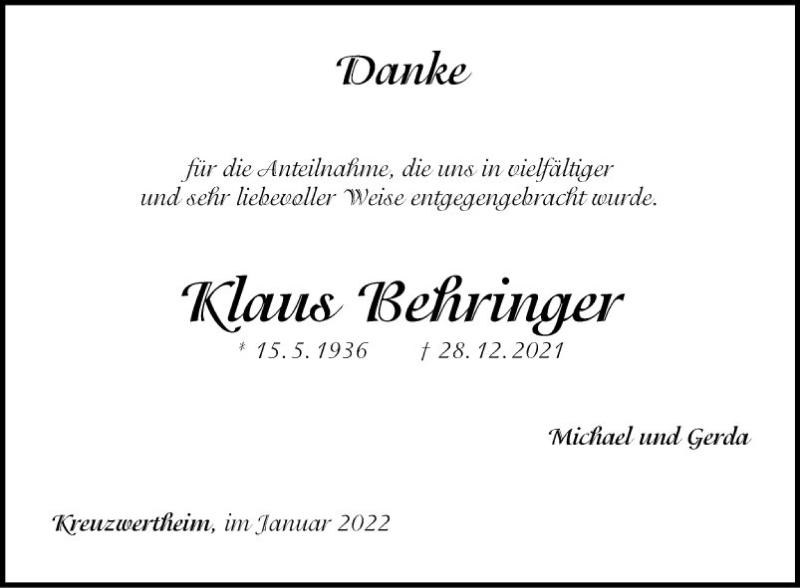 Traueranzeige für Klaus Behringer vom 27.01.2022 aus Fränkische Nachrichten
