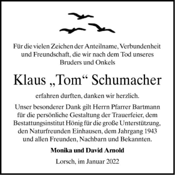 Traueranzeige von Klaus Schumacher von Bergsträßer Anzeiger
