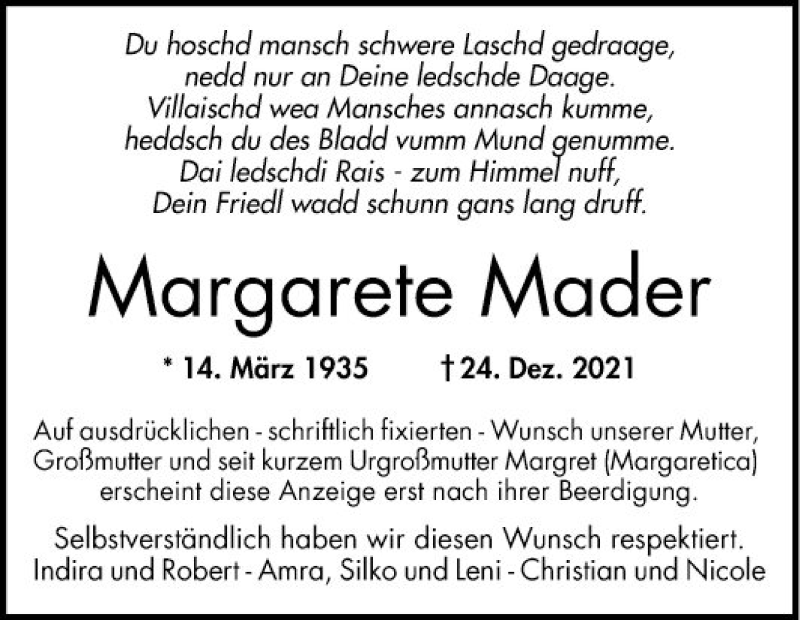  Traueranzeige für Margarete Mader vom 08.01.2022 aus Mannheimer Morgen