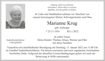 Traueranzeige von Marianne Krug von Fränkische Nachrichten