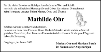 Traueranzeige von Mathilde Ohr von Fränkische Nachrichten