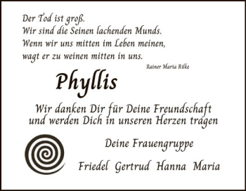 Traueranzeige von Phyllis  von Schwetzinger Zeitung