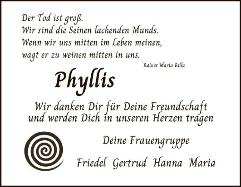  Traueranzeige für Phyllis  vom 05.01.2022 aus Schwetzinger Zeitung