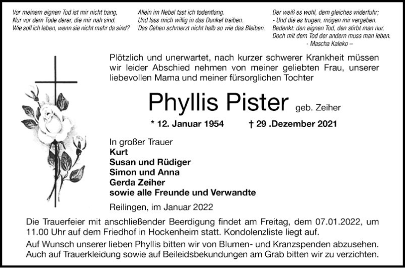  Traueranzeige für Phyllis Pister vom 05.01.2022 aus Schwetzinger Zeitung