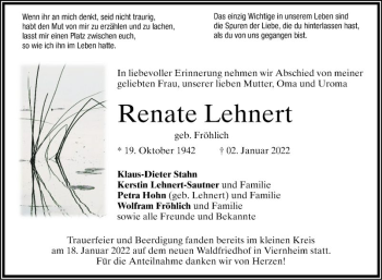 Traueranzeige von Renate Lehnert von Mannheimer Morgen