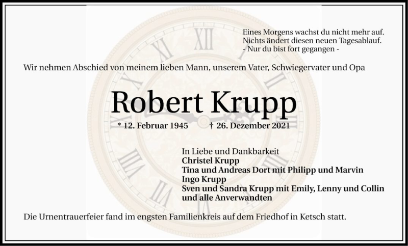  Traueranzeige für Robert Krupp vom 08.01.2022 aus Schwetzinger Zeitung