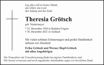 Traueranzeige von Theresia Grätsch von Fränkische Nachrichten