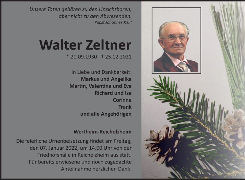  Traueranzeige für Walter Zeltner vom 03.01.2022 aus Fränkische Nachrichten