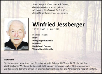 Traueranzeige von Winfried Jessberger von Fränkische Nachrichten