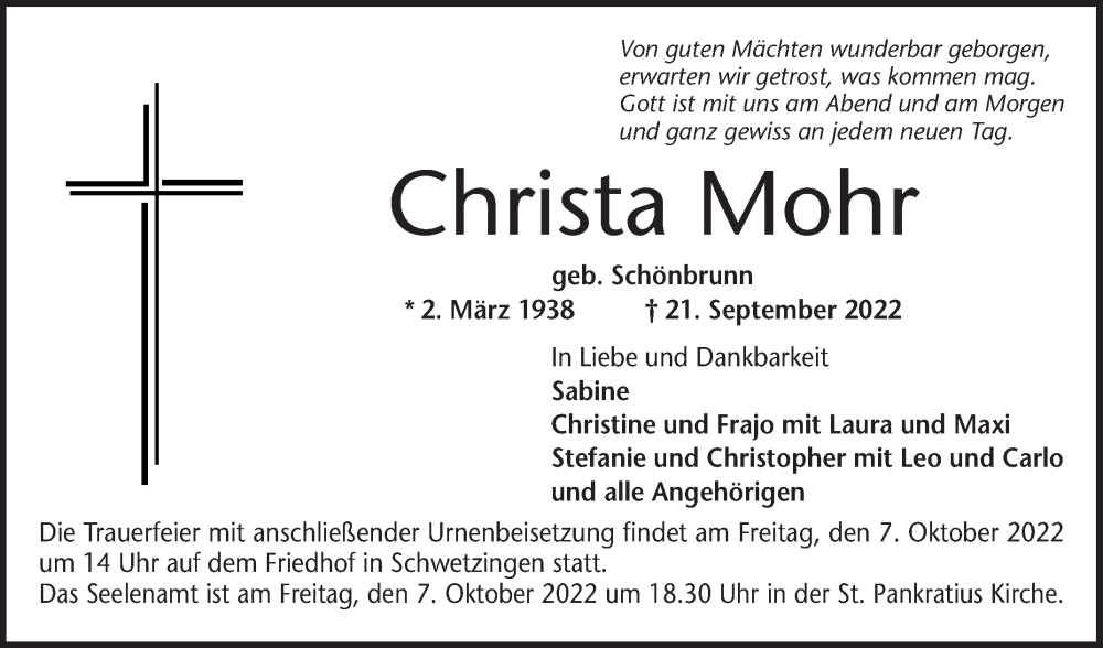  Traueranzeige für Christa Mohr vom 05.10.2022 aus 