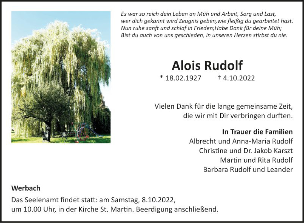  Traueranzeige für Alois Rudolf vom 06.10.2022 aus Fränkische Nachrichten
