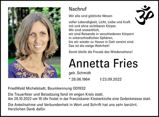 Traueranzeige von Annetta Fries von Bergsträßer Anzeiger