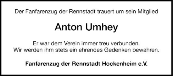 Traueranzeige von Anton Umhey von Schwetzinger Zeitung