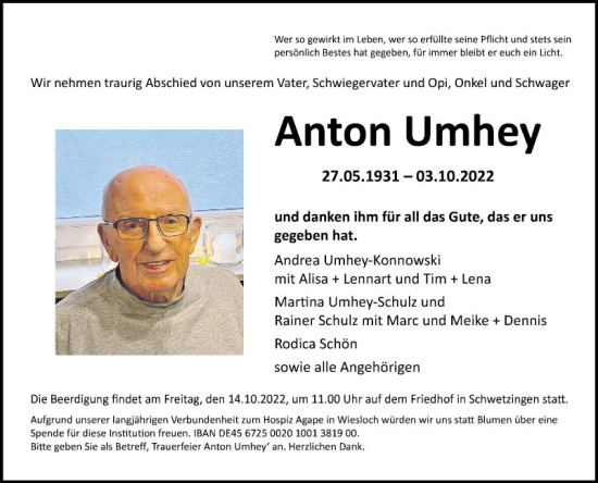 Traueranzeige von Anton Umhey von Schwetzinger Zeitung