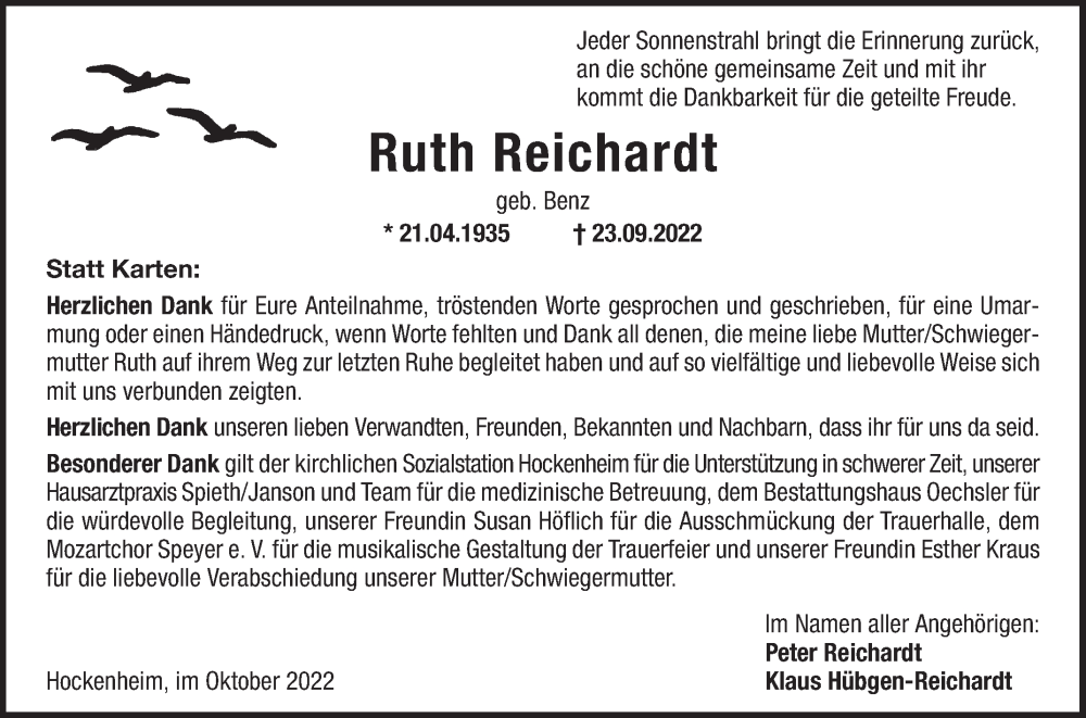  Traueranzeige für Ruth Reichardt vom 21.10.2022 aus Schwetzinger Zeitung