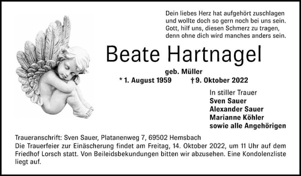  Traueranzeige für Beate Hartnagel vom 13.10.2022 aus Bergsträßer Anzeiger