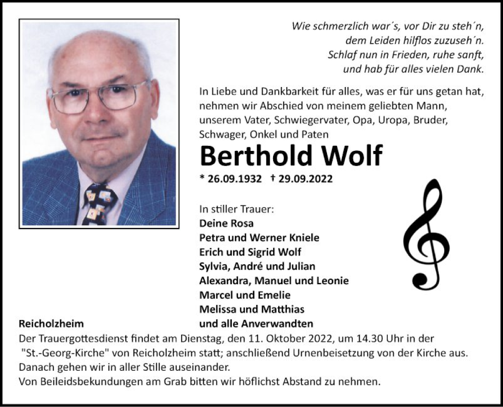  Traueranzeige für Berthold Wolf vom 05.10.2022 aus Fränkische Nachrichten