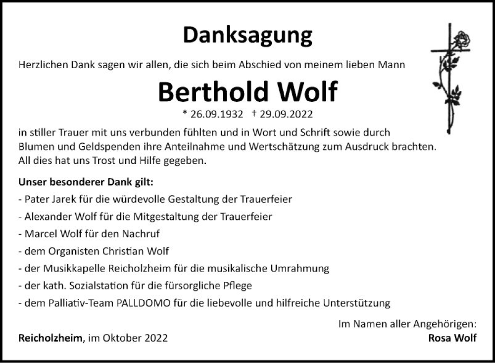  Traueranzeige für Berthold Wolf vom 28.10.2022 aus Fränkische Nachrichten
