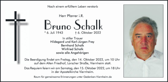 Traueranzeige von Brunno Schalk von Mannheimer Morgen