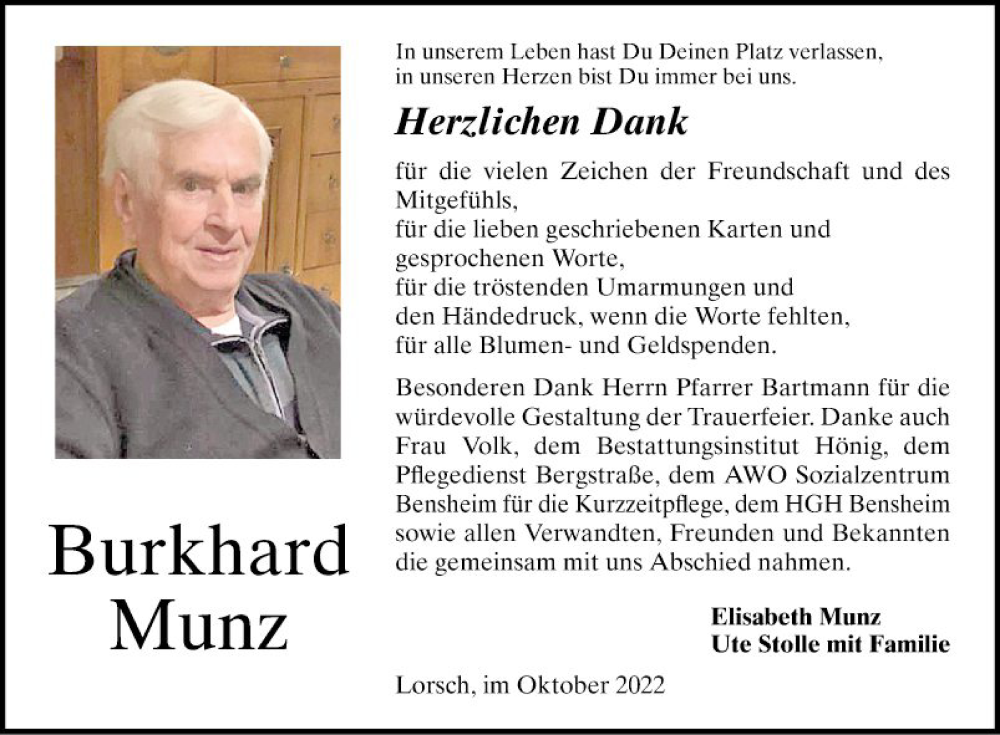  Traueranzeige für Burkhard Munz vom 22.10.2022 aus Bergsträßer Anzeiger