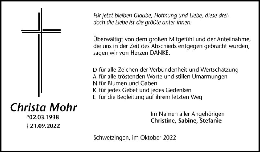  Traueranzeige für Christa Mohr vom 22.10.2022 aus Schwetzinger Zeitung