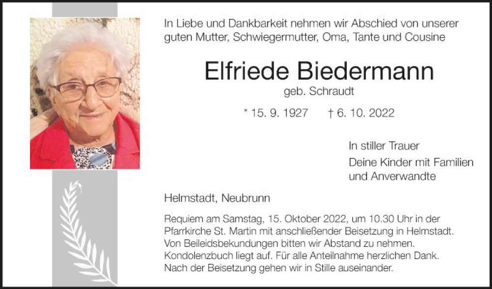  Traueranzeige für Elfriede Biedermann vom 12.10.2022 aus Fränkische Nachrichten