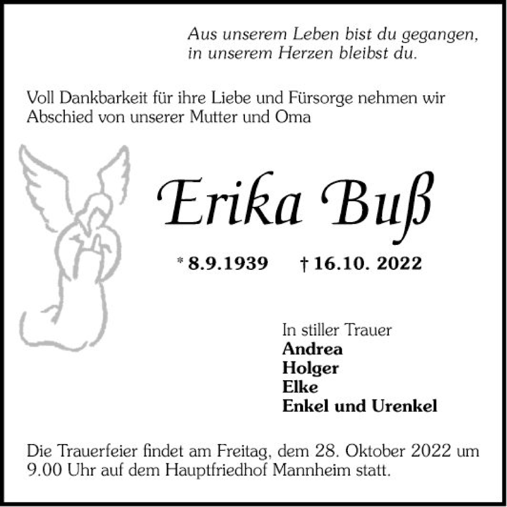  Traueranzeige für Erika Buß vom 22.10.2022 aus Mannheimer Morgen