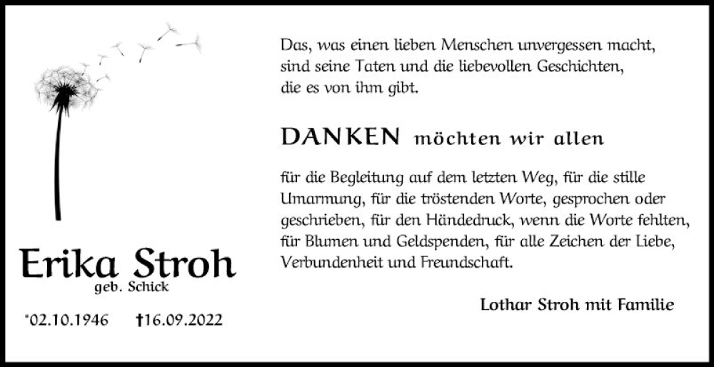  Traueranzeige für Erika Stroh vom 15.10.2022 aus Schwetzinger Zeitung