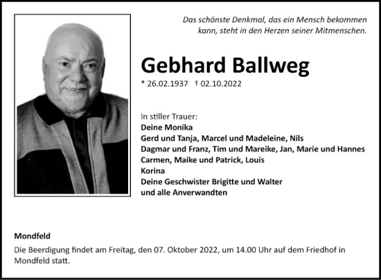 Traueranzeige von Gebhard Ballweg von Fränkische Nachrichten