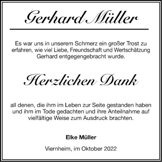 Traueranzeige von Gerhard Müller von Mannheimer Morgen