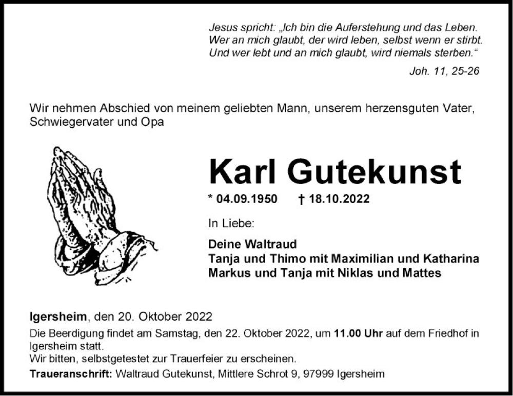 Traueranzeige für Karl Gutekunst vom 20.10.2022 aus Fränkische Nachrichten