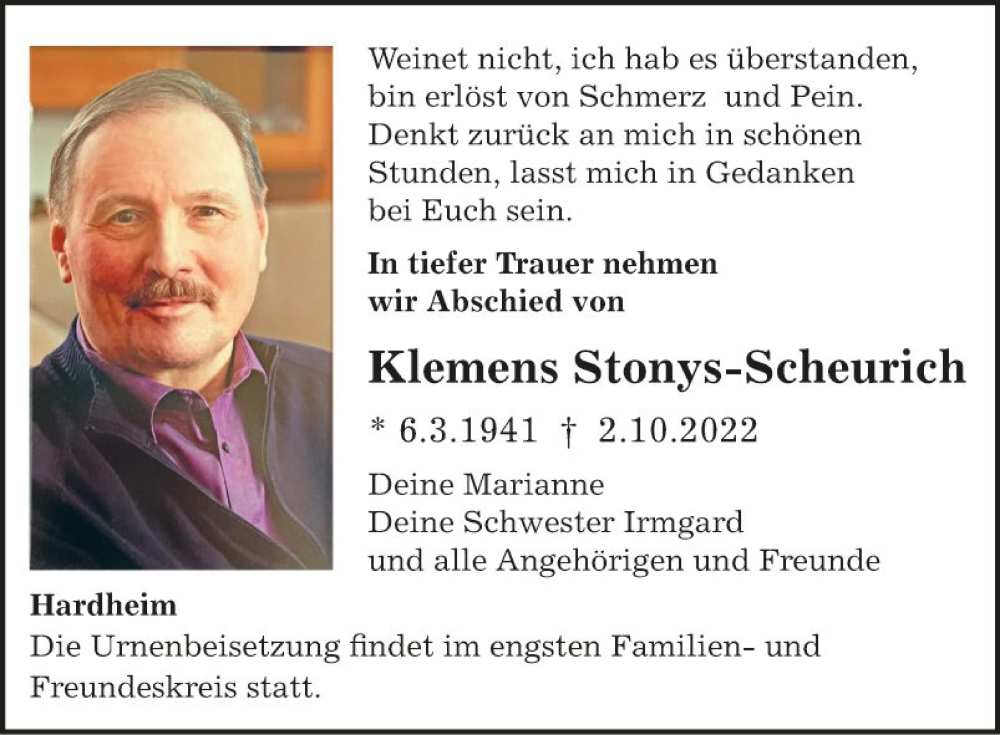 Traueranzeige für Klemens Stonys-Scheurich vom 05.10.2022 aus Fränkische Nachrichten