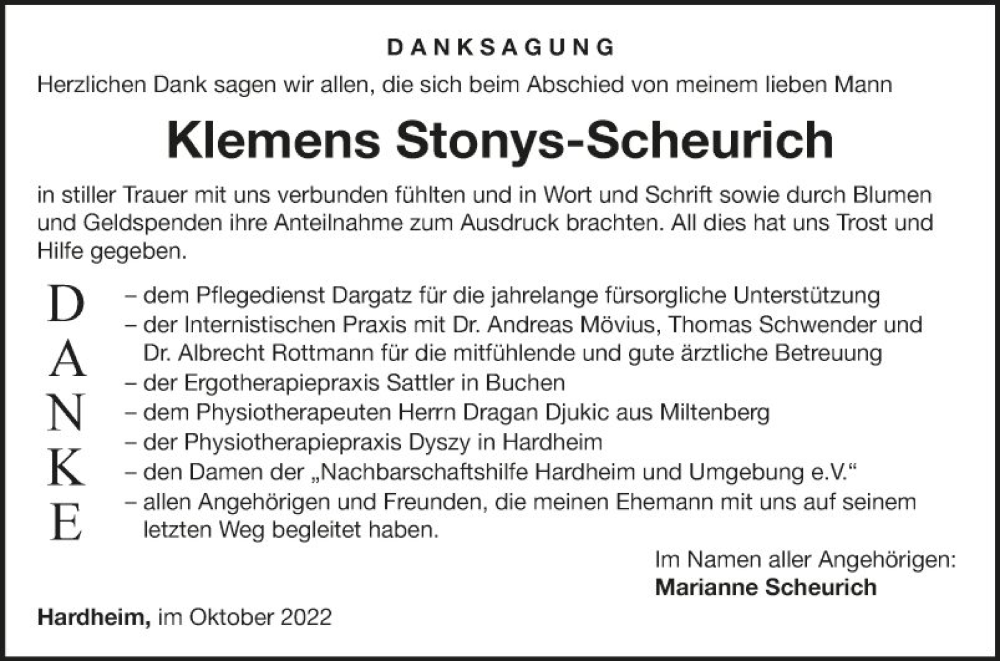  Traueranzeige für Klemens Stonys-Scheurich vom 22.10.2022 aus Fränkische Nachrichten