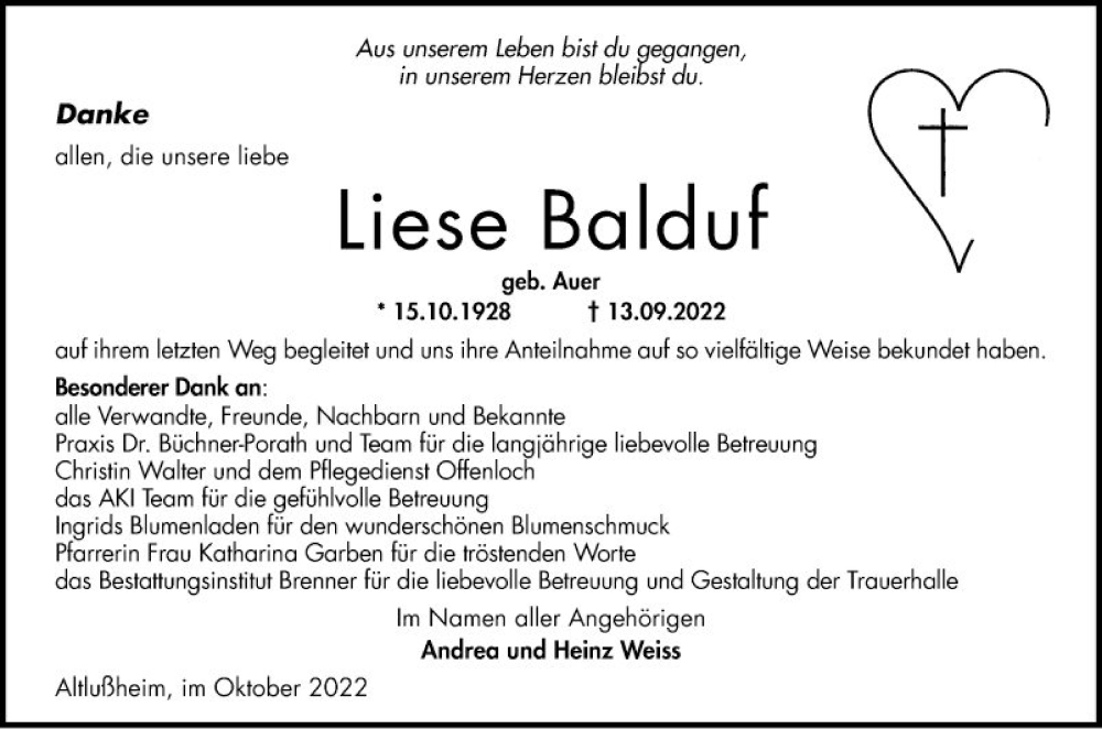  Traueranzeige für Liese Balduf vom 08.10.2022 aus Schwetzinger Zeitung