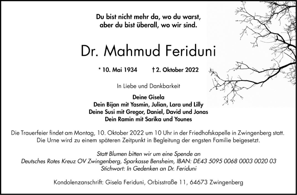  Traueranzeige für Mahmud Feriduni vom 05.10.2022 aus Bergsträßer Anzeiger