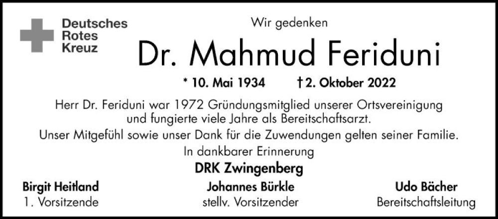 Traueranzeige für Mahmud Feriduni vom 11.10.2022 aus Bergsträßer Anzeiger