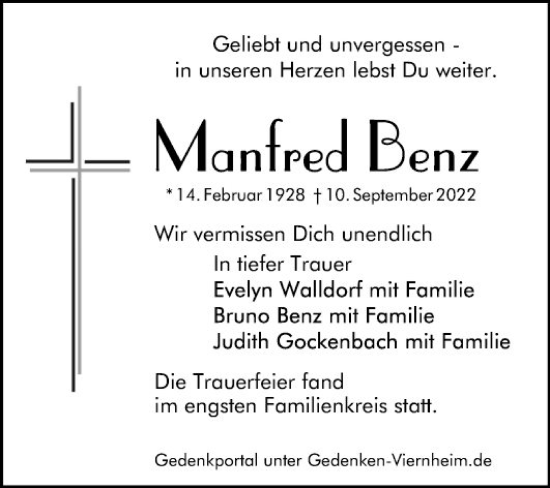 Traueranzeige von Manfred Benz von Mannheimer Morgen