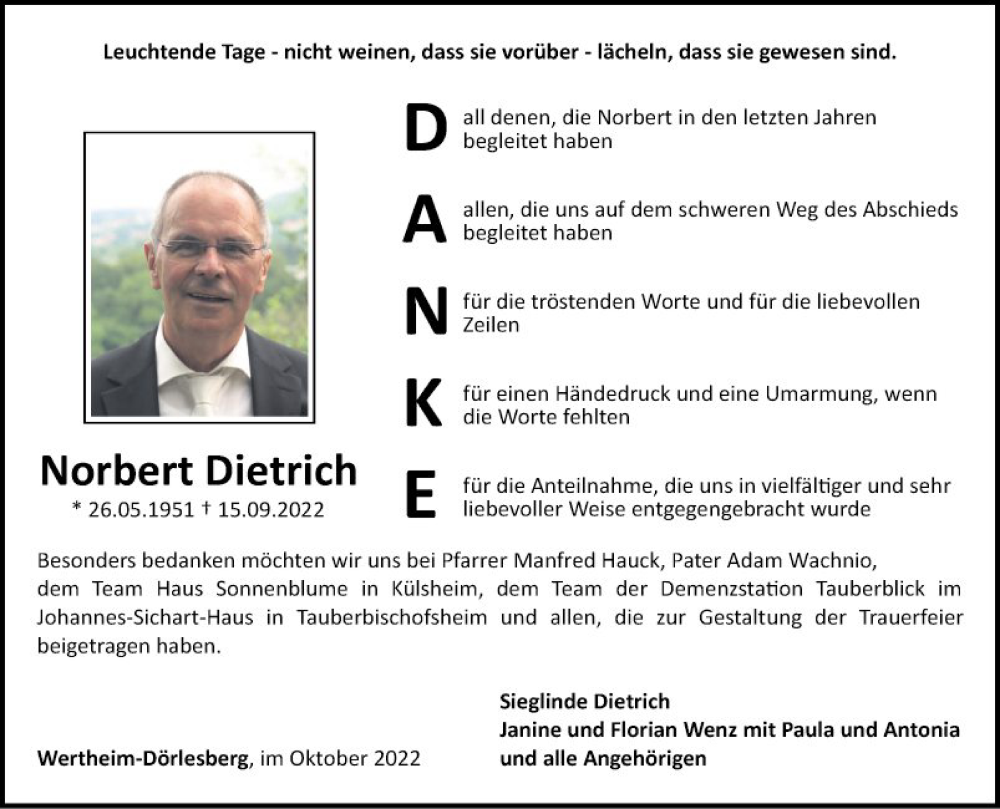  Traueranzeige für Norbert Dietrich vom 15.10.2022 aus Fränkische Nachrichten