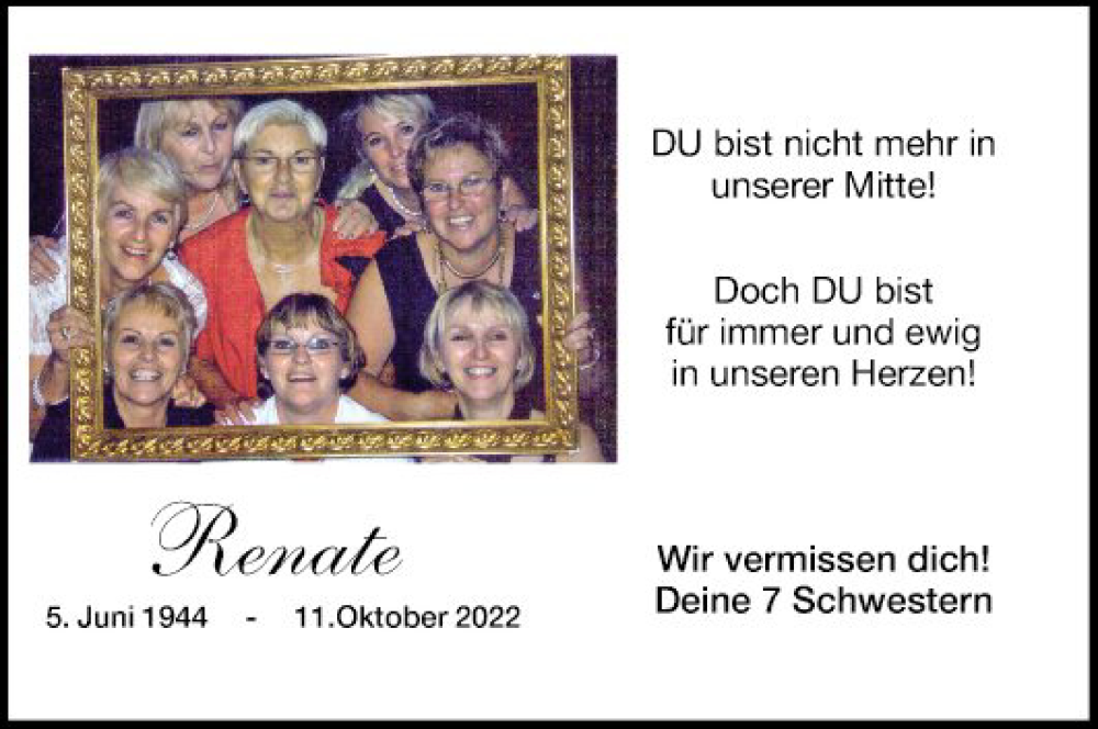  Traueranzeige für Renate Napolitano vom 22.10.2022 aus Mannheimer Morgen