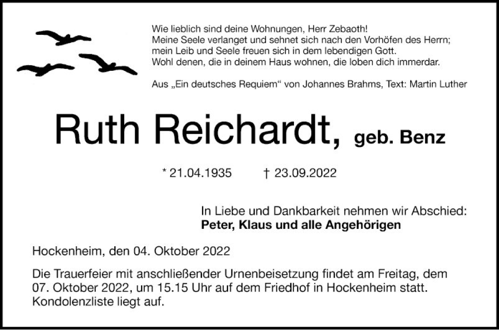  Traueranzeige für Ruth Reichardt vom 04.10.2022 aus Schwetzinger Zeitung