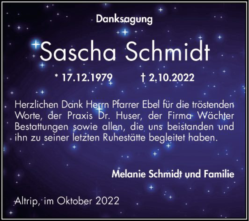  Traueranzeige für Sascha Schmidt vom 20.10.2022 aus Schwetzinger Zeitung
