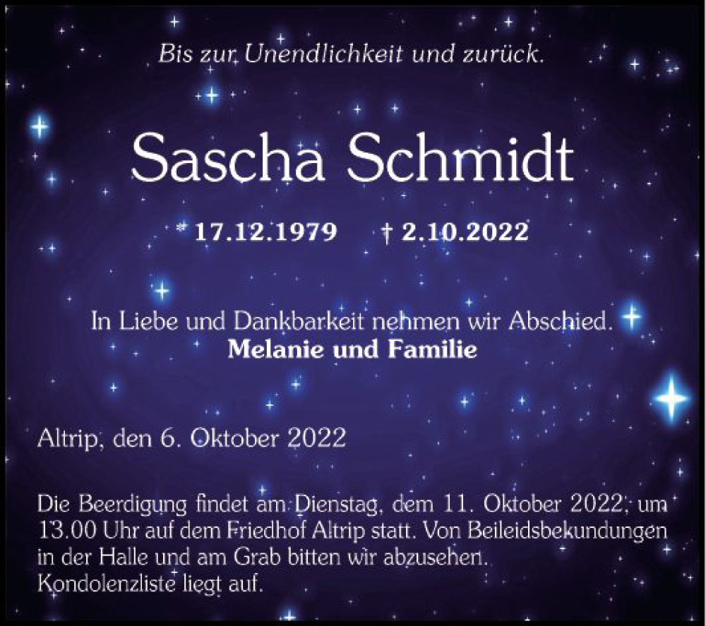  Traueranzeige für Sascha Schmidt vom 06.10.2022 aus Schwetzinger Zeitung
