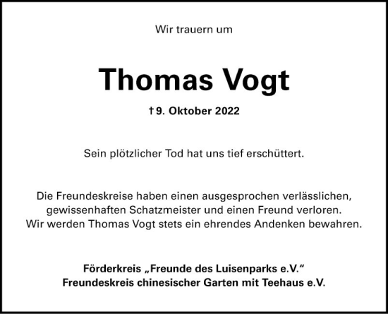 Traueranzeige von Thomas Vogt von Mannheimer Morgen