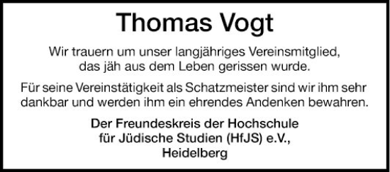 Traueranzeige von Thomas Vogt von Mannheimer Morgen
