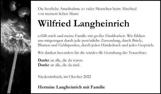 Traueranzeige von Wilfried Langheinrich von Fränkische Nachrichten