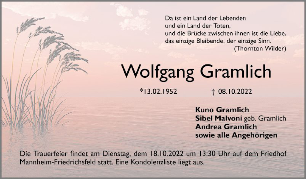  Traueranzeige für Wolfgang Gramlich vom 15.10.2022 aus Mannheimer Morgen